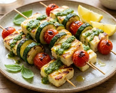 Grillezett halloumi nyársak pesztóval | Gyors nyári vacsora
