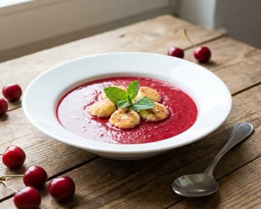 Cold sour cherry soup with mini cottage cheese dumplings | Cooling summer dessert