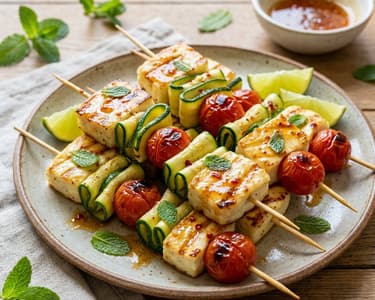 Grillezett halloumi nyárs | Mézes-chilis cukkini szalagokkal