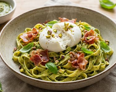 Pisztáciás pestós tagliatelle burratával | Olasz nyári kedvenc