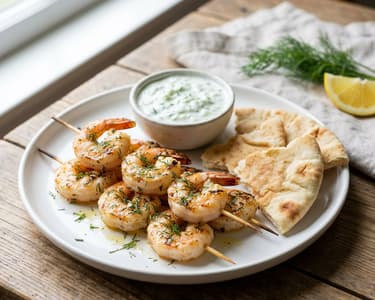 Lemon-garlic shrimp skewers with homemade tzatziki