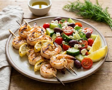 Lemon shrimp skewers with Greek salad | Light summer dinner