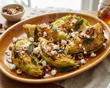 Roasted cabbage with goat cheese and hazelnuts