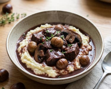 Szarvas bourguignon gesztenyével és zellerpürével