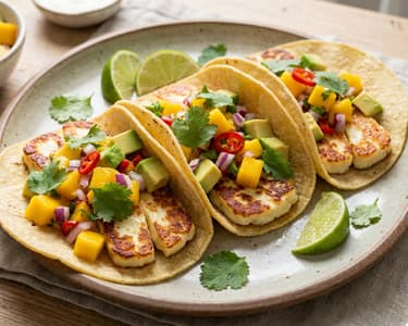 Grilled halloumi tacos with mango salsa | Summer street food