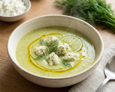 Lime Zucchini Cream Soup with Dill Cottage Cheese Dumplings