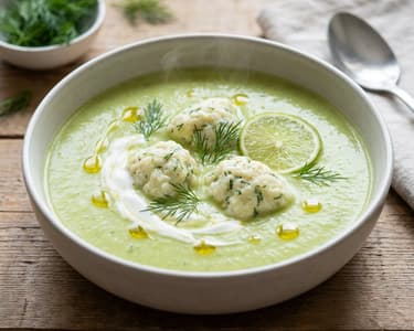 Creamy lime zucchini soup | With dill cottage cheese dumplings