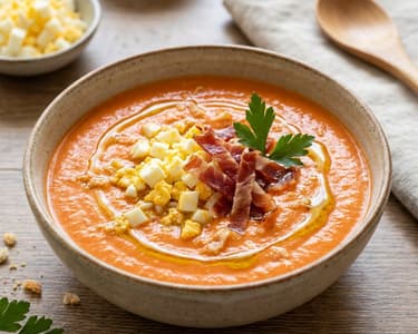 Andalúz salmorejo serrano sonkával | Spanyol hidegleves