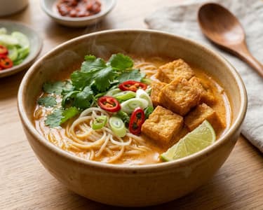 Maláj kókuszos tofu laksa leves | Gazdag ázsiai tésztaleves