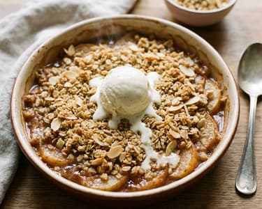 Pear crumble with vanilla ice cream | Crispy crumble