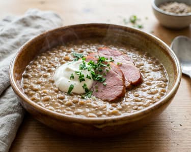 Sour cream lentil ragout with smoked pork collar | Hearty one-pot meal