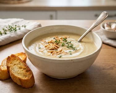 French Roasted Garlic Cream Soup with Toasted Almonds