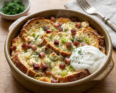 Savory Baked French Toast Casserole with Sheep Cheese | Juicy Leftover Saver