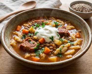 Lentil stew with smoked pork collar and csipetke noodles | Home-style one-pot dish