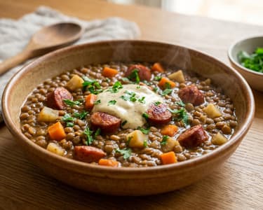 Mustard and Sour Cream Lentil Stew with Sausage | Hearty Autumn One-Pot Dish