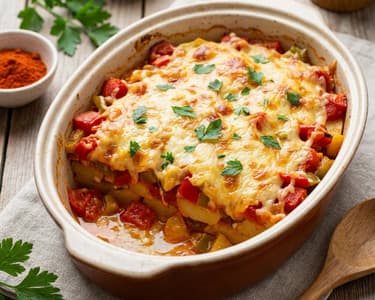 Baked potatoes with lecsó | Juicy Hungarian vegetable bake