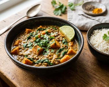 Édesburgonyás barna lencse curry | Fűszeres indiai egytál