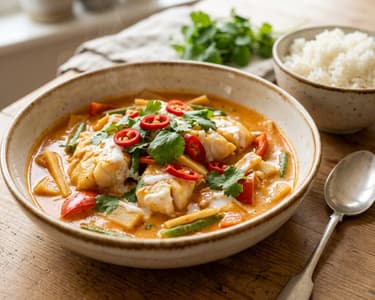Thai vörös curry tőkehallal | Krémes ázsiai halétel