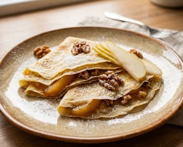 Cinnamon Pear Crepes with Toasted Walnuts