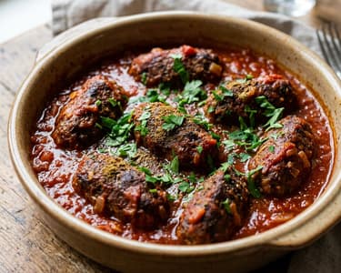 Greek Pork Soutzoukakia | Spiced Meatballs in Tomato Sauce