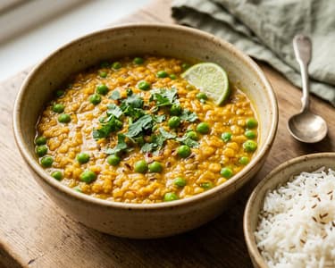 Zöldborsós vöröslencse dhal | Krémes indiai egytál
