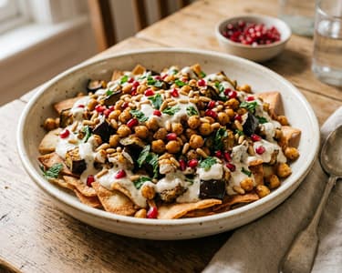 Padlizsános csicseriborsó fatteh | Ropogós pitával
