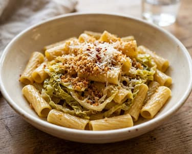 Toszkán kelkáposztás rigatoni | Ropogós fokhagymás morzsával