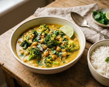 Indiai brokkolis csicseriborsó curry | Krémes zöldséges egytál