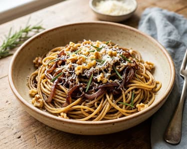 Karamellizált lilahagymás spagetti | Olasz tészta dióval