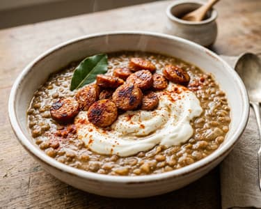Traditional lentil stew with sour cream and Debreceni sausages