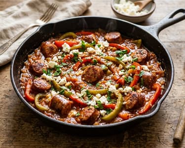 Görög spetsofai kolbásszal | Szaftos paprikás serpenyős ragu