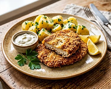 Breaded celeriac with garlic dip