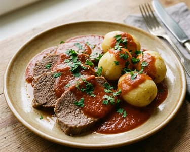 Boiled beef with classic tomato sauce and parsley potatoes