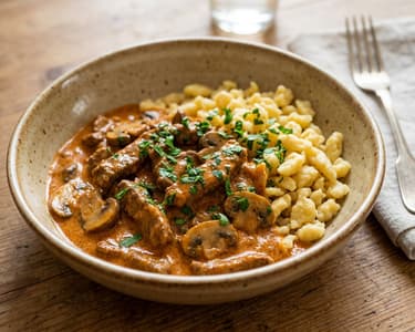 Bakony-style beef stew with homemade nokedli dumplings