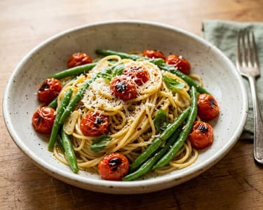 Olasz zöldbabos spagetti fokhagymával és koktélparadicsommal