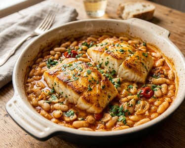 Katalán tepsis tőkehal fehérbabbal (Bacalao a la llauna)