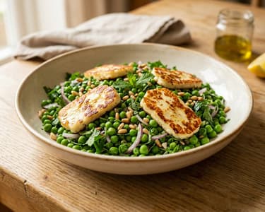 Middle Eastern Green Pea Salad with Fried Halloumi and Mint