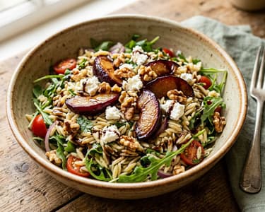 Tuscan roasted plum orzo salad | Rich autumn grain bowl