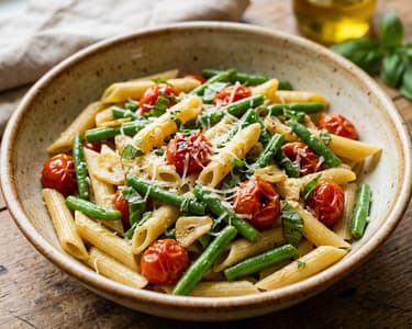 Italian Green Bean Penne with Garlic Cherry Tomatoes | 20-Minute Skillet Pasta