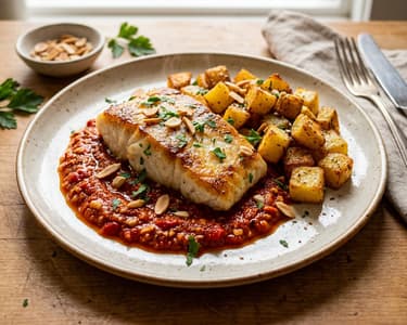Spanish cod fillet with almond romesco sauce and roasted potatoes