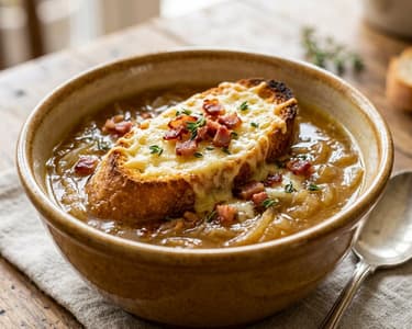 Alsatian Beer Onion Soup | With Crispy Bacon and Cheese