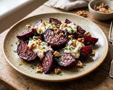 Roasted beetroot with sheep curd cheese and walnuts | Autumn vegetable dish