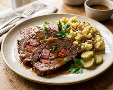 Classic Larded Beef Rump | With juicy gravy and onion crushed potatoes