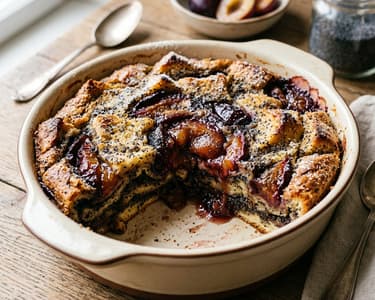 Baked Plum Poppy Seed Bread Pudding | Juicy Autumn Dessert
