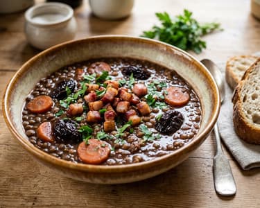 Red wine lentil ragout with prunes and Kolozsvári bacon
