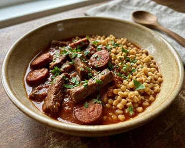 Debreceni beef tokány with toasted tarhonya