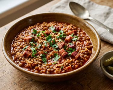 Bácska-Style Rice and Lentils with Smoked Pork Collar