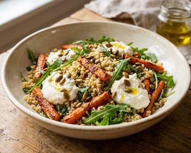 Italian roasted carrot bulgur salad with ricotta and pumpkin seeds