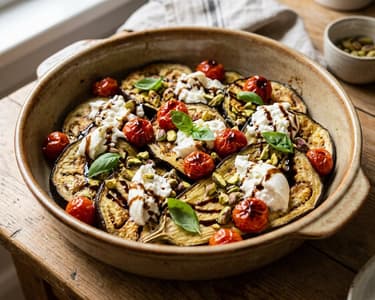 Mediterranean baked aubergine with creamy burrata