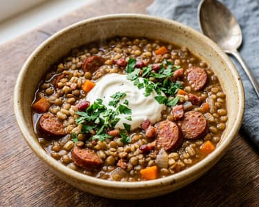 Pearl barley and lentil stew with sausage | Hearty rustic one-pot dish